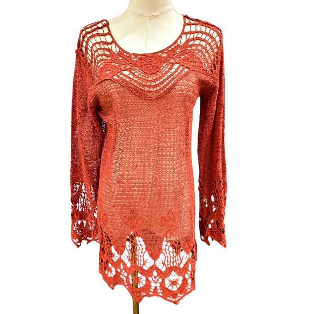 Maria Rello Crochet Mesh Top Tunic Size M Burnt Orange BOHO Festival Hippie